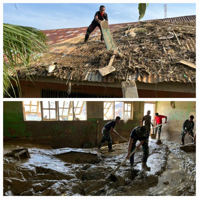 prajurit dari Satuan Tugas Penanggulangan Bencana Alam Yonif 115/ML dikerahkan untuk melaksanakan aksi kemanusiaan dengan membersihkan SD Negeri 04 Kuala Simpang, Kabupaten Aceh Tamiang, minggu (04/01/2026).