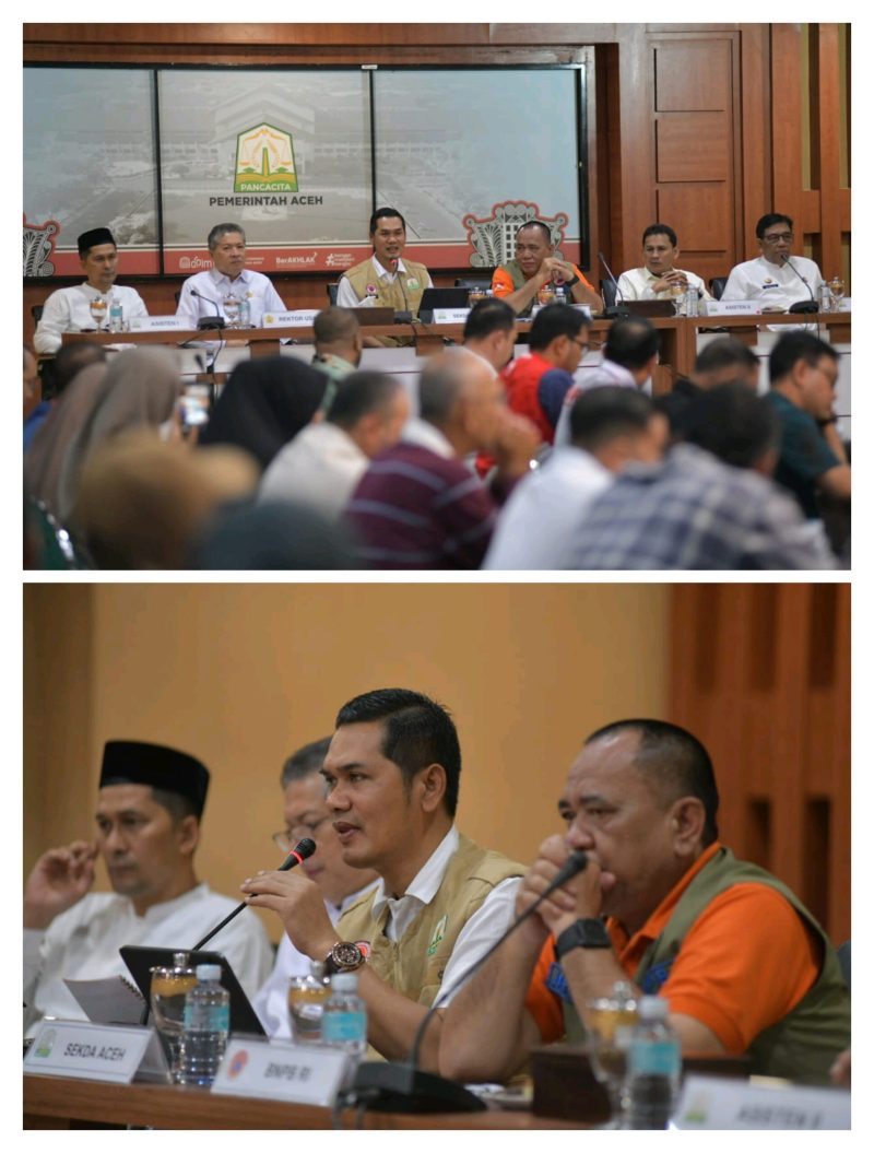 Sekda Aceh, M. Nasir didampingi Para Asisten dan SKPA Rapat Koordinasi Penyusunan Dokumen Rencana Rehabilitasi dan Rekonstruksi Pasca Bencana (R3P) dengan BNPB Pusat digedung serbaguna Setda Aceh, Jumat, 02/01/2025.