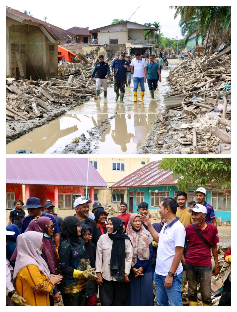 Sekretaris Daerah (Sekda) Aceh, M. Nasir, S.IP., MPA., bersama Asisten I Sekda Aceh, Syakir, memantau kegiatan gotong royong Aparatur Sipil Negara (ASN) Pemerintah Aceh membersihkan sekolah-sekolah dari lumpur sisa banjir di Kabupaten Aceh Tamiang, Minggu (4/1/2026).