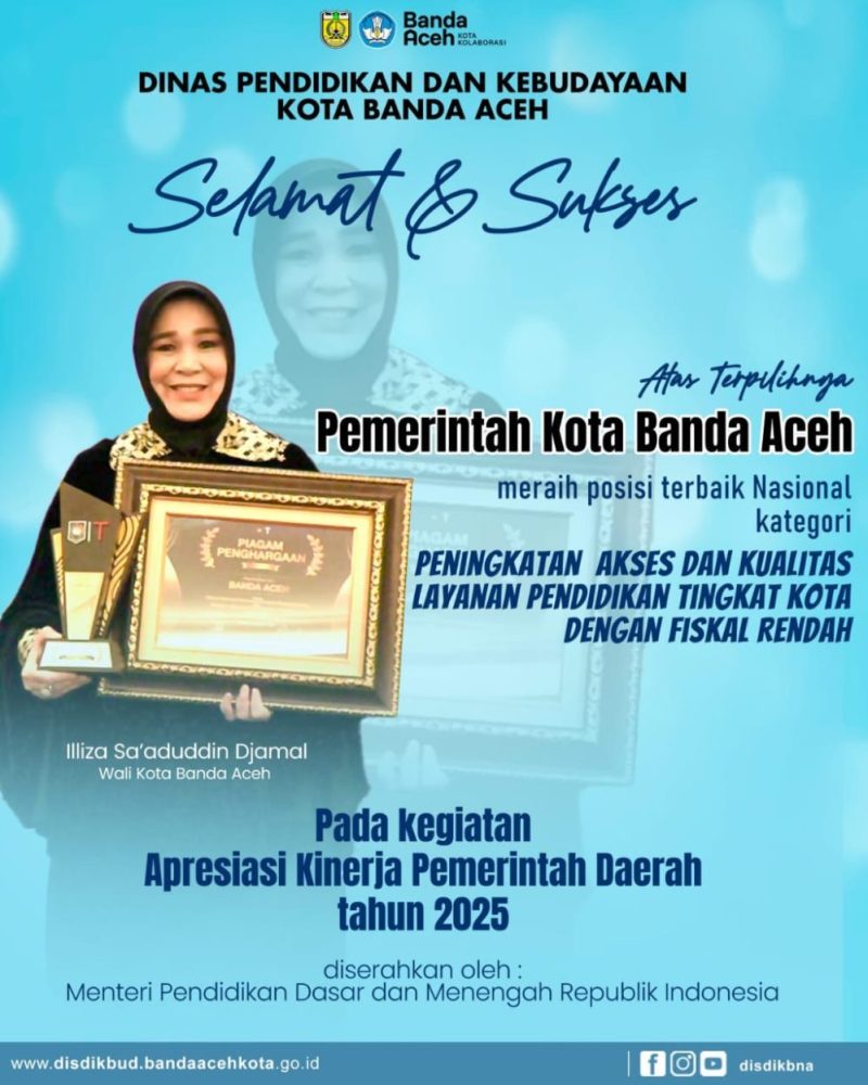 Wali Kota Banda Aceh, Hj. Illiza Sa’aduddin Djamal, menerima penghargaan kategori Perbaikan Akses Layanan Pendidikan Kelompok Fiskal Renda,  dalam sebuah acara yang digelar di Jakarta pada hari Selasa, (13/01/2026).